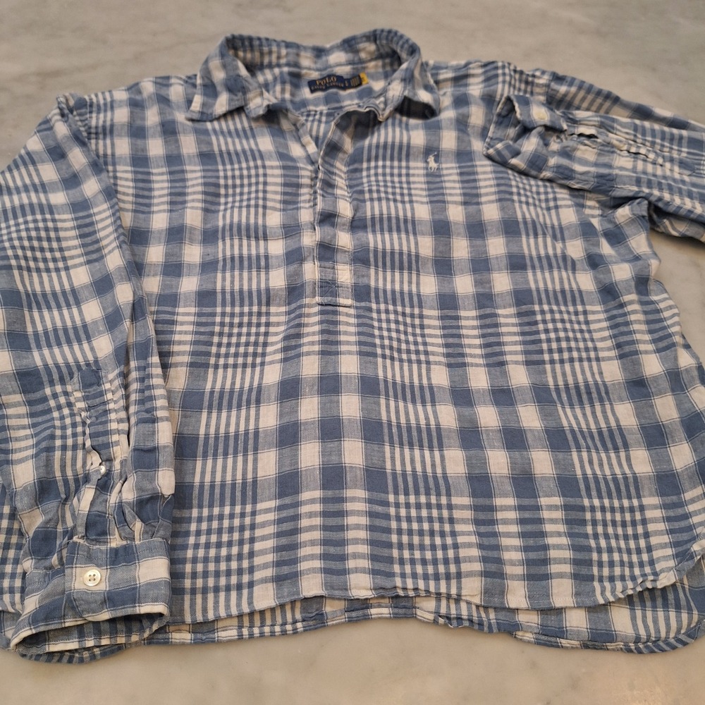 Polo Ralph Lauren Linen Check Pullover Shirt Wom Lg Blue Plaid LS Authenticated - Picture 11 of 11